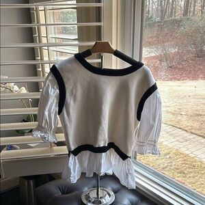 Anthropologie Black and Cream vest with artached white blouse.